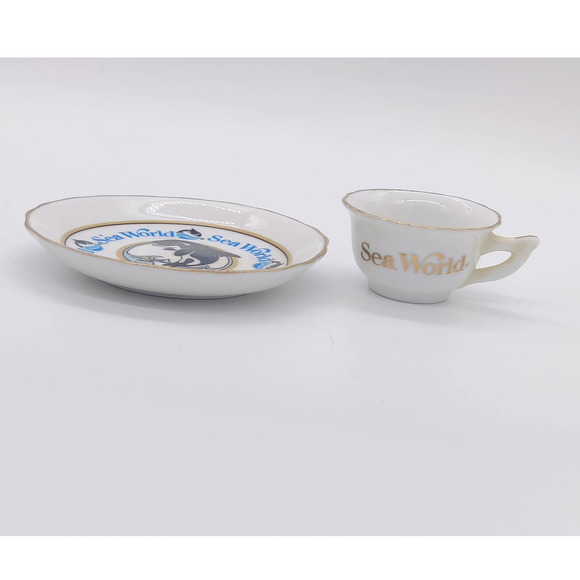 Vintage Sea World Miniature Tea Cup Saucer Plate Set Shamu FL CA OH Circa 1983 - Picture 3 of 9